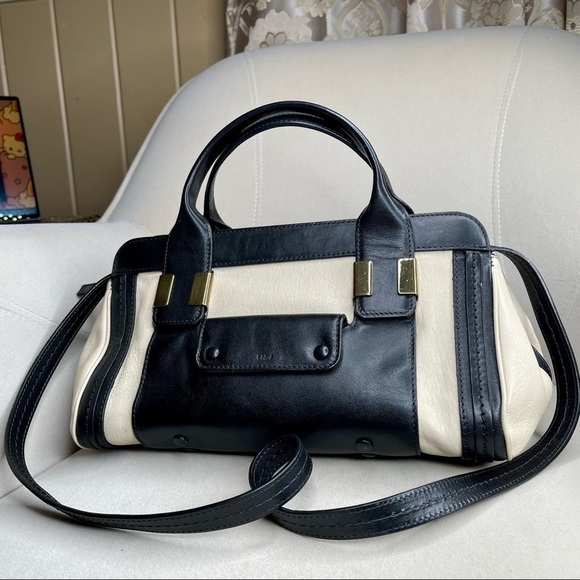 CHLOE Alice Cream & Black Leather Convertible Satchel Bag Handbag Shoulder Strap - Picture 1 of 9